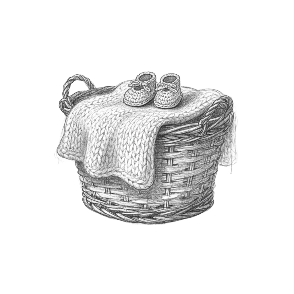 Pencil sketch of a knitted baby blanket and booties on a rattan basket