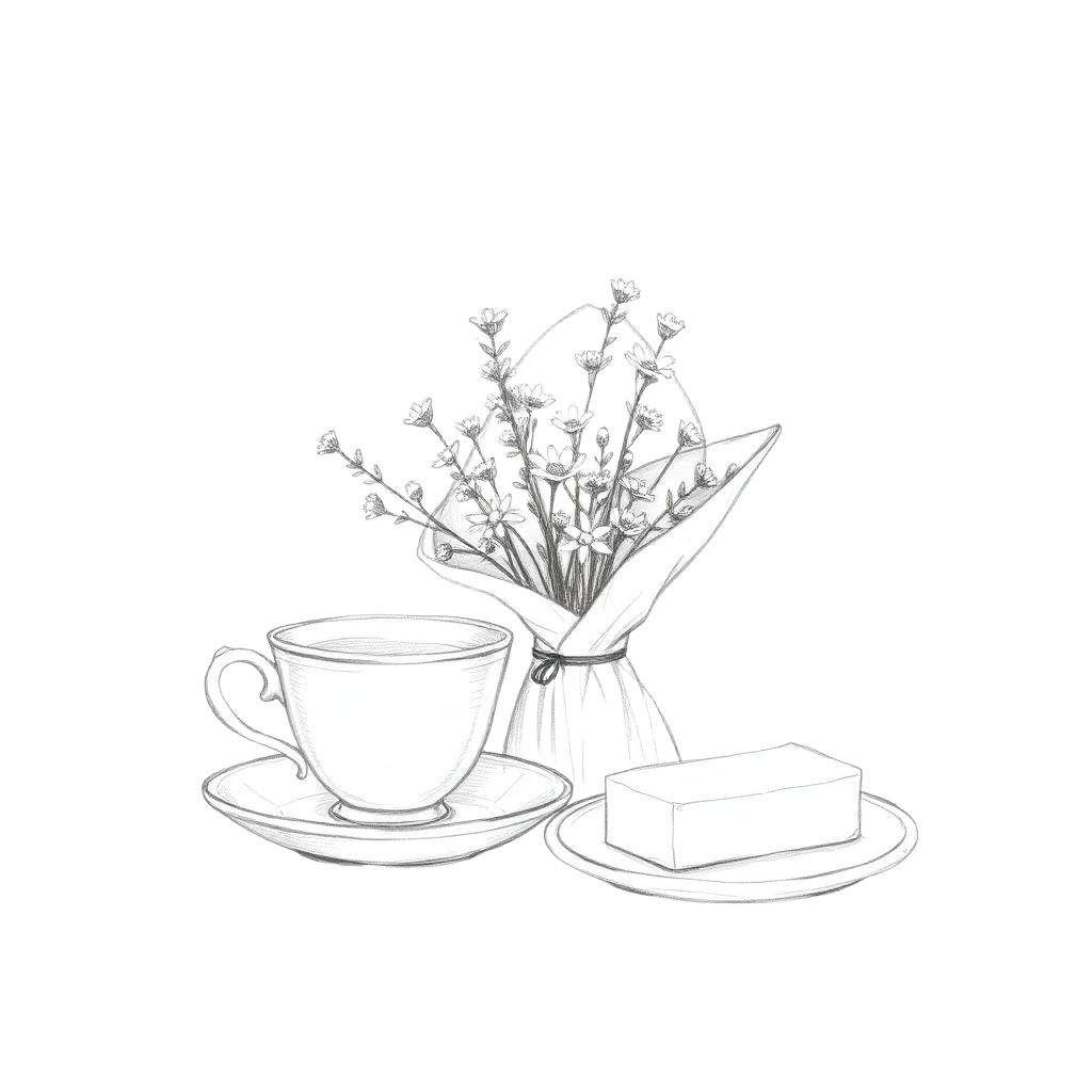 Pencil sketch of wildflowers, a teacup and a little bar of soap